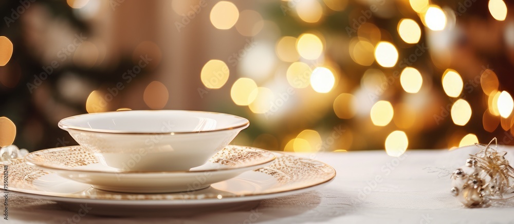 Poster tableware including plates and bowls are displayed on a table with a christmas tree in the backgroun