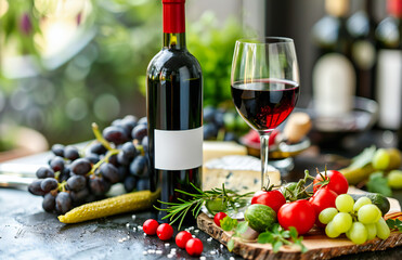 Gourmet Red Wine Setup with Bottle, Glass, and Fresh Grapes on Wooden Table, Luxury Dining Concept