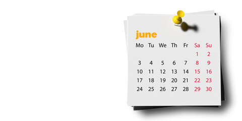 June 2024 calendar page with yellow push pin on white background, copy space, drop shadow. 3D rendered horizontal set of 12 month layouts. Week starts with Monday. Weekends marked in red.