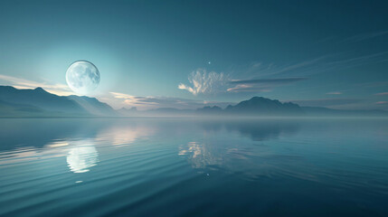 A surreal seascape with a full moon rising