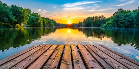 Naklejka premium Serene Lake Sunset with Wooden Pier, Calm Water Reflections, Perfect for Relaxation and Nature Background