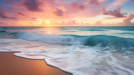 Fototapeta premium Stunning Sunset Over Ocean Waves on a Pristine Beach