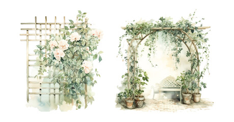 Watercolor illustration of a floral garden arch