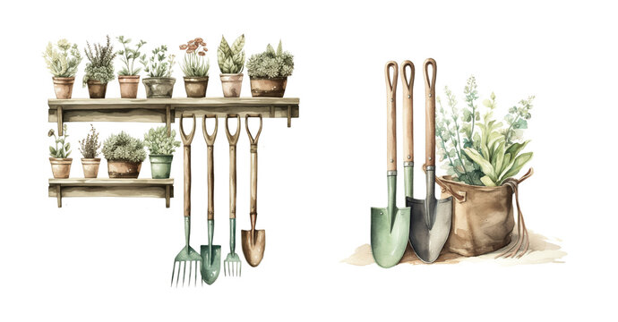 Watercolor of garden tools and potted plants