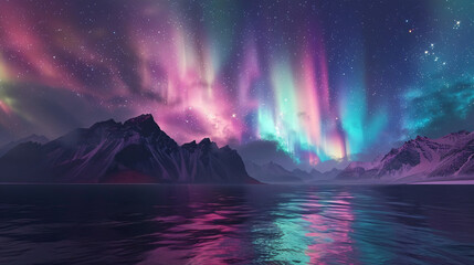 A surreal seascape with colorful auroras dancing - obrazy, fototapety, plakaty