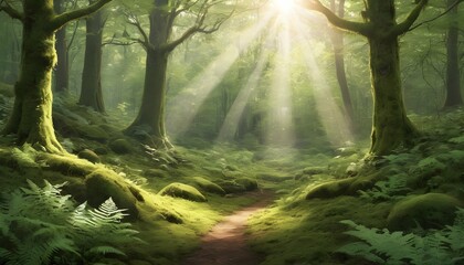 Illustrate A Tranquil Forest Glade With Sunlight F Upscaled 8 - obrazy, fototapety, plakaty