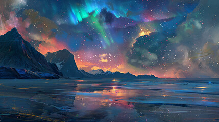 A surreal seascape with colorful auroras dancing