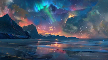 Tuinposter A surreal seascape with colorful auroras dancing © Asad
