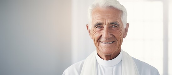 Joyful Priest Embracing Faith: Portrait of a Smiling Clergyman in White Robes - obrazy, fototapety, plakaty