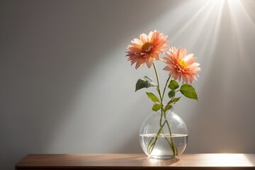 A beautiful flower in a transparent glass vase standing on a table, sunlight on the wall. space for text