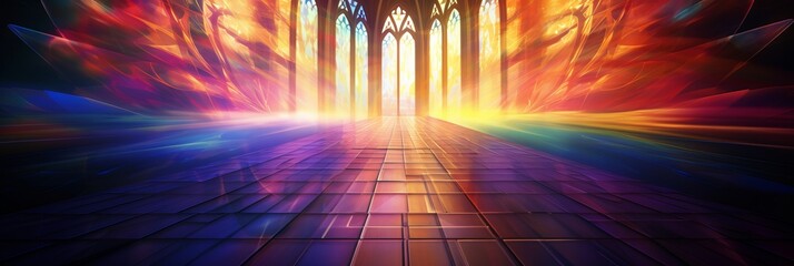 Rays of bright sun pass through colored stained glass - obrazy, fototapety, plakaty