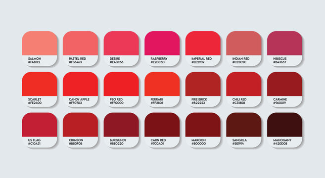 Red Color Palette with color Names. Catalog Samples Red with RGB HEX codes and Names. Metal Colors Palette Vector, Wood and Plastic Red Color Palette, Fashion Trend Pantone Red Color Palette