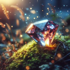 A sparkling diamond nestled among verdant moss with glistening dew drops, illuminating the scene in a magical, enchanting way