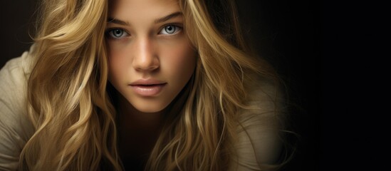 Fototapeta premium Serene Beauty - Portrait of a Feminine Woman with Stunning Skyblue Eyes and Flowing Blond Hair