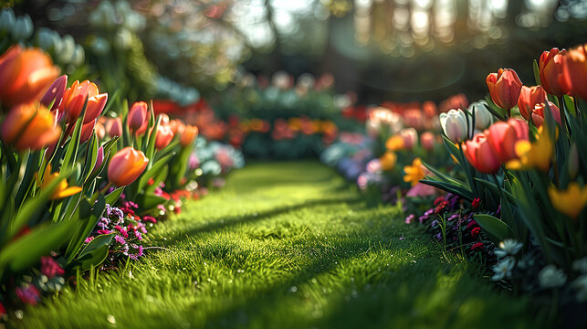 Beautiful well-kept spring garden. The green lawn emphasizes the full bloom of flowers in the mixborder. Diverse floral spectrum of tulips, daffodils, hyacinths