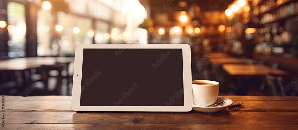 Poster Modern Technology: Wooden Table Setting with Tablet Computer for Productivity and Digital Lifestyle