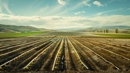 This landscape captures rows of freshly plowed soil ready for farming, with hills and skies adding to its beauty