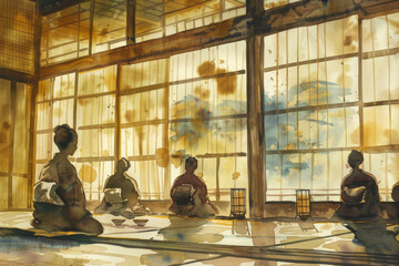 A bamboo screen in a traditional teahouse. The aroma of freshly brewed tea fills the air.