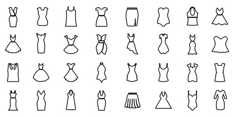 Women dress set icons, clothes modern icon, female fashion, fashion wardrobe, dress isolated silhouettes women clothing - 755030490