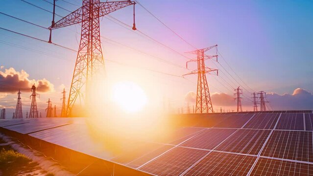 Electricity transmission towers with orange glowing wires the starry night sky. Energy infrastructure concept, energy, electricity, voltage, supply