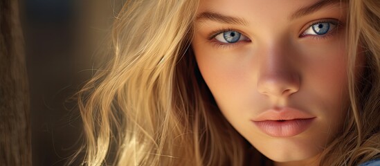 Fototapeta premium Captivating Beauty: Portrait of a Woman with Long Blonde Hair and Enchanting Blue Eyes