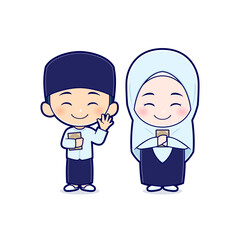 Cute boy and girl moslem holding holy book Quran. Ramadhan cartoon vector mascot character. Flat style concept illustration