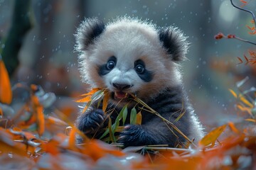 Baby panda eats bamboo leaves