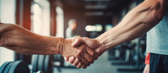 Fitness partners shaking hands as a gesture of teamwork and commitment in the gym - obrazy, fototapety, plakaty