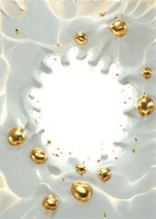 White and gold drops, liquid gold frame on white background. Illustration