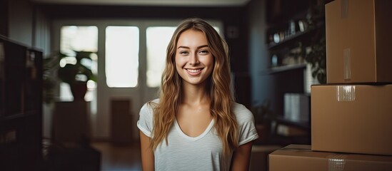 Serene woman surrounded by various boxes in a spacious room - obrazy, fototapety, plakaty