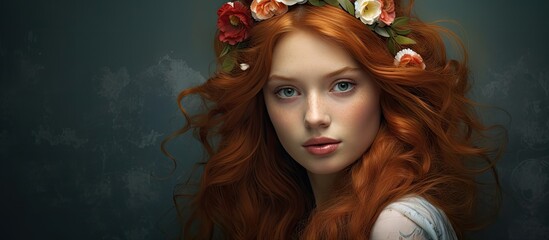 Enchanting Woman Adorned with Blooms and Long Red Hair in a Dreamy Portrait