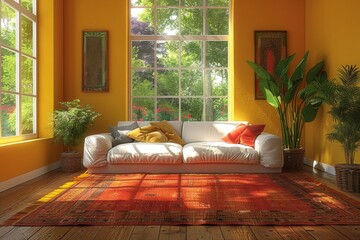 Living room with yellow walls, white sofa, panoramic windows and indoor plants