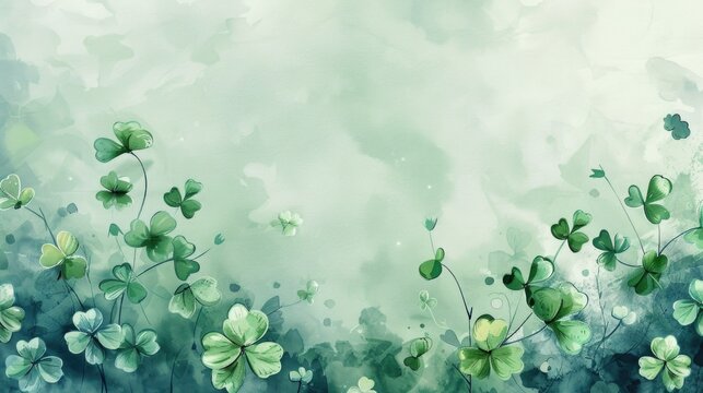 Light green watercolor wash with floating clover leaves, offering a fresh and natural feel for St. Patrick's Day