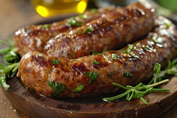 Roasted homemade sausages with rosemary on a round wooden board - obrazy, fototapety, plakaty