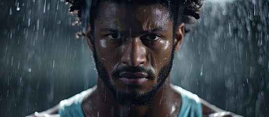 Man Embracing Nature: Wet Head in Refreshing Rain Shower, Contemplative Mood - obrazy, fototapety, plakaty