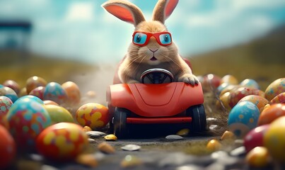 Easter bunny with goggles in a racing red car, easter funny concept - obrazy, fototapety, plakaty