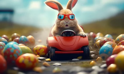 Fotobehang Easter bunny with goggles in a racing red car, easter funny concept © Minhas