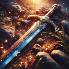 An enchanted sword dagger with ornate handle glowing with mystical lights, half-buried in the dark soil with magical particles floating around