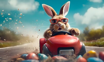 Easter bunny with goggles in a racing red car, easter funny concept