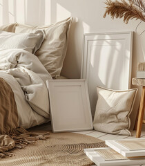A warm and inviting bedroom corner showcasing a comfortable bed with plush pillows, leaning picture frames, and natural decor elements, bathed in soft sunlight., frame mockup , blank frame