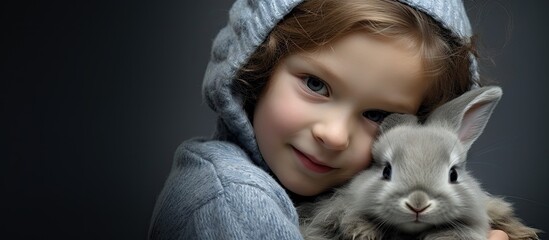 Fototapeta na wymiar Tender Moment: Child Embracing Cute Bunny with Delight in Nature Setting
