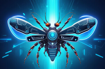 top view of artificial, streamline, art deco style, beetle insect robot isolated on blue hi-tech background. music party poster template. A bionic robotic bug, wasp, science fiction