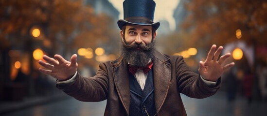 Eccentric Gentleman in Top Hat and Beard Posing with Vintage Style - obrazy, fototapety, plakaty