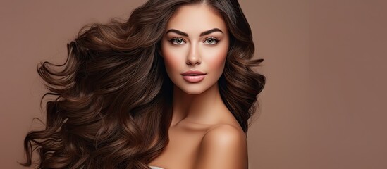 Naklejka premium Sensual Woman with Beautiful Long Brown Hair Posing Glamorously in Natural Light