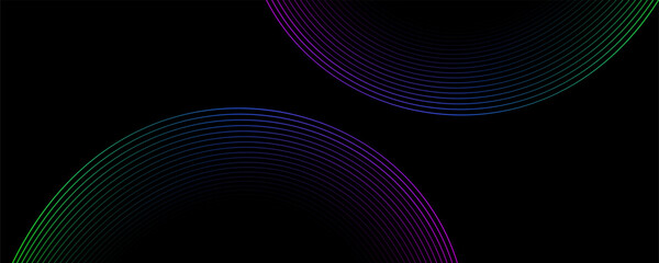 Abstract background with purple blue and green glowing geometric curve circle lines, modern minimal trendy shiny purple blue lines pattern - 755032223