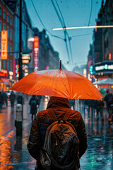 A person with a bright orange umbrella on a city street in the rain, generative ai
