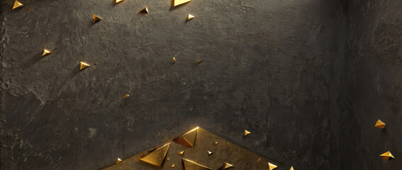 Gold Black background of metallic golden triangles, 3D, illustration