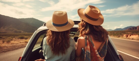 Diverse Group of Women Enjoying a Road Trip Adventure in the Back Seat of a Car