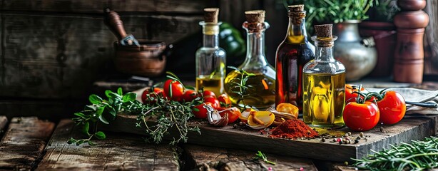 Healthy ingredients of various food ingredients with oil and spice bottles and flavor herbs on dark rustic table