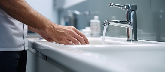 Hygiene Routine: Man Washes Hands at a Tidy Bathroom Sink with Soap and Water